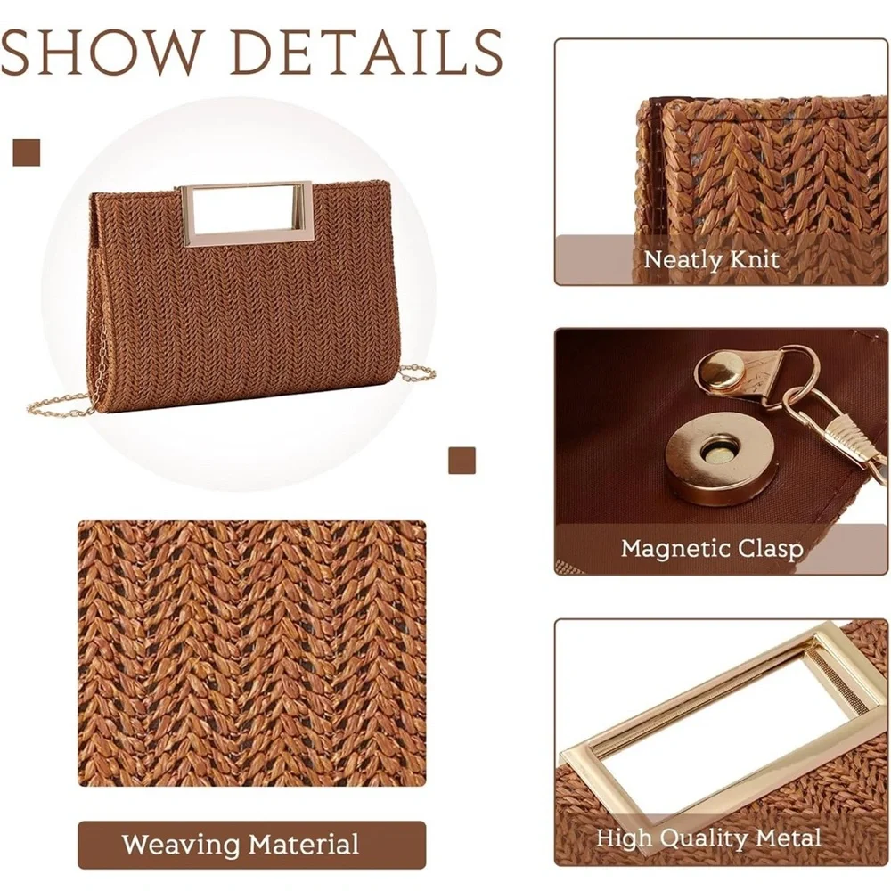 🆕 Elegant Top Handle Straw Clutch / Straw Evening Bag Woven Raffia Crossbody - Picture 5 of 6